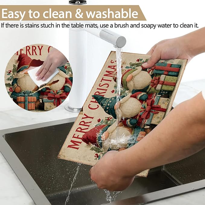 Table Placemats Set of 6, Waterproof Linen Fabric, Non-Slip Backing & Easy Clean, Elegant Dining Table Protectors for Family and Guests (Vintage Christmas Gnome)