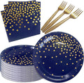 Serve 35 Guests Navy Blue and Gold Party Supplies,7 Inch Blue and Gold Paper Plates and Napkins for Birthday Wedding Retirements Graduation Party