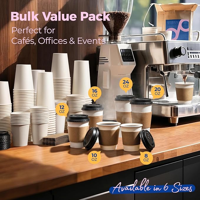 Fit Meal Prep 50 Pack 10 oz Disposable Coffee Cups with Lids, Sleeves, Leak-Proof To Go Coffee Cups with Lids, Durable Paper Cups for Hot Beverage, Home, Office, Party