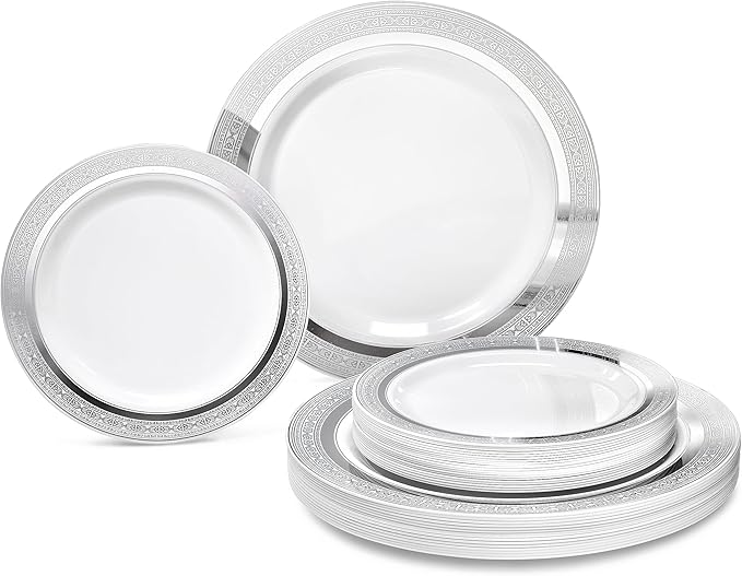 OCCASIONS 120 Plates Pack,(60 Guests) Heavyweight Premium Wedding Party Disposable Plastic Plates Set -60 x 10.5'' Dinner + 60 x 7.5'' Salad/Dessert (Palace White & Silver)
