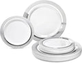 OCCASIONS 120 Plates Pack,(60 Guests) Heavyweight Premium Wedding Party Disposable Plastic Plates Set -60 x 10.5'' Dinner + 60 x 7.5'' Salad/Dessert (Palace White & Silver)