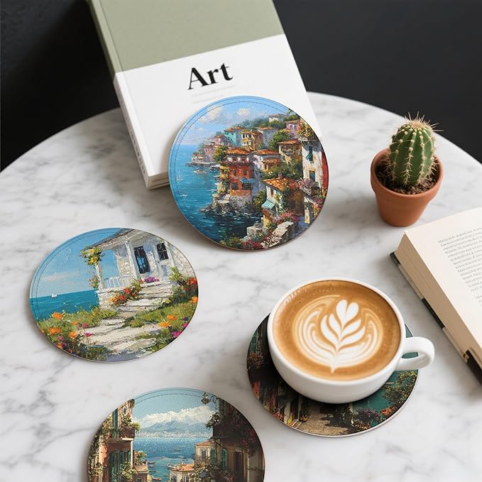 Ocean City Coasters Leather Round Drink Coasters 6 Pcs Set with Holderor for Cup Drink Coffee Table Bar Home Decor