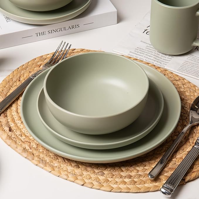12-Piece Stoneware Dinnerware Set with Mugs | Microwave and Dishwasher Friendly | Stackable Matte Glaze Plates & Bowls | Service for 4