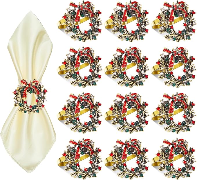 ZeeDix Christmas Wreath Napkin Rings Set of 12, Holiday Rhinestone Christmas Napkin Ring Holders for Cloth Napkins, Napkin Buckle for Thanksgiving Holiday Dinner Table Decor