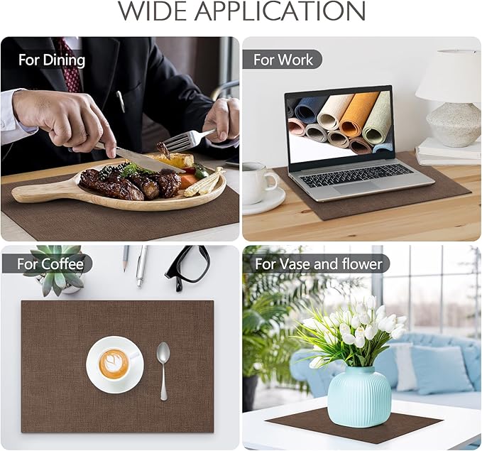 Faux Leather Placemats Set of 4 Washable PU Table mats for Kitchen Table - Heat Resistant, Waterproof, Easy Clean, Anti Slip 11.8" x 17" (Dark Brown-4 Pack)