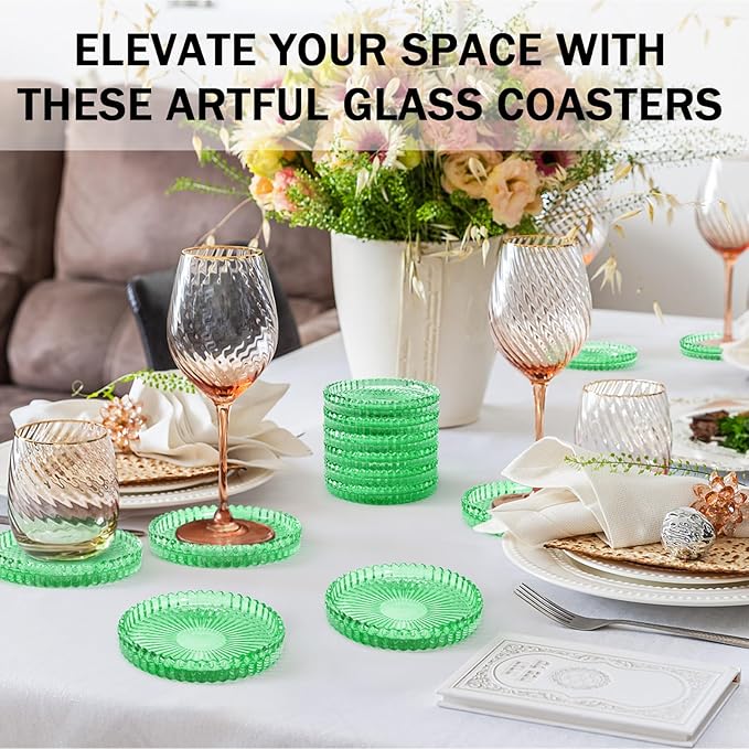 Vintage Glass Coasters, GOH DODD Set of 8 Crystal Coasters Tabletop Protection for Drinks, Home Decor, Kitchen, Living Room, Patio, Wedding, Party, Housewarming Gifts, Clear Green