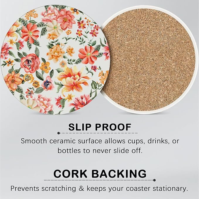 6 Pcs Drink Coasters with Holder,Abstract Flower Absorbent Round Ceramic Coaster for Tabletop Protection,for Coffee Cup Beverage Coasters Wine Beer Bar