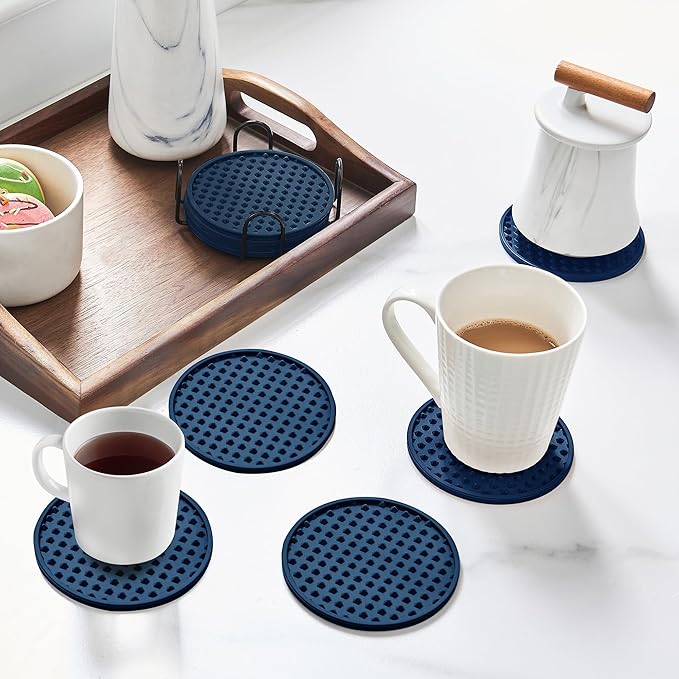 Coasters for Drinks, Silicone Coasters Set of 16 with Metal Holder, Outdoor Coaster for Coffee Table, Non-Slip Rubber Table Cup Mat Desk, Heat Resistant & Scratch-Proof (Navy Blue)