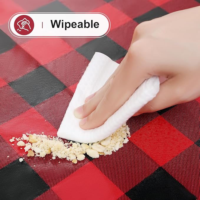 misaya Rectangle Waterproof Vinyl Table Cloth, Buffalo Flannel Backed Tablecloth, Wipeable Plastic Table Cover for Christmas (52" x 70", Red and Black)