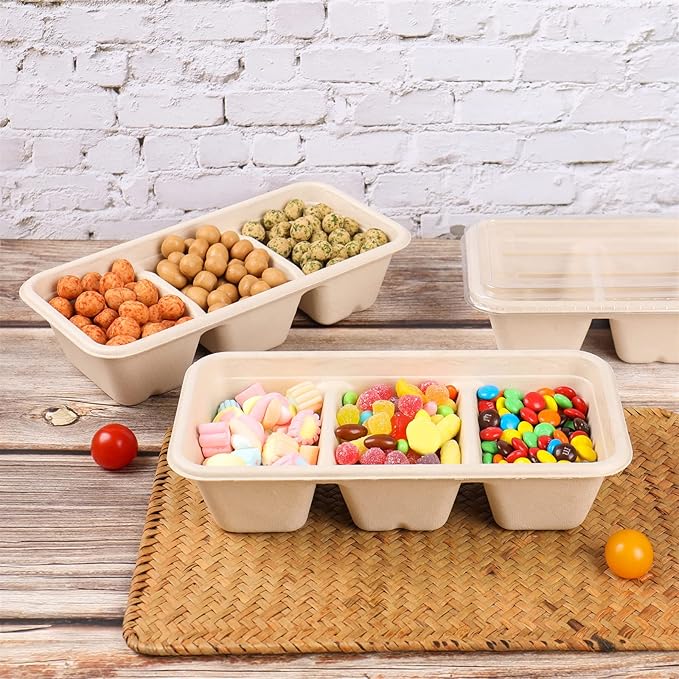 disposable paper bowls 35 oz 3 compartments with lids, Sugarcane For Snack, Dessert, Meal Prep 50 Pack