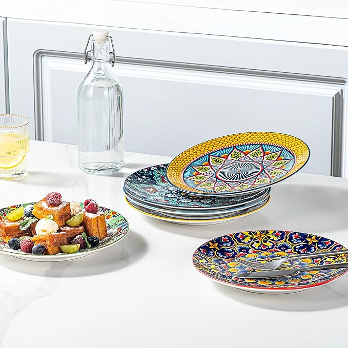 HENXFEN LEAD Ceramic Dessert, Salad Plates 8.5 Inch, Small Dinner Plate Set of 6- Serving Dishes for Thanksgiving & Christmas, Dishwasher & Microwave Safe - Bohemian Style