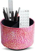 Round Leather Art Supply Organizer,Remote Control Holder,360 Degree Spinning,Multi-Functional Pencil Holder,4 Compartments Desktop Stationary Organizer(1-Rich Flower Pink)