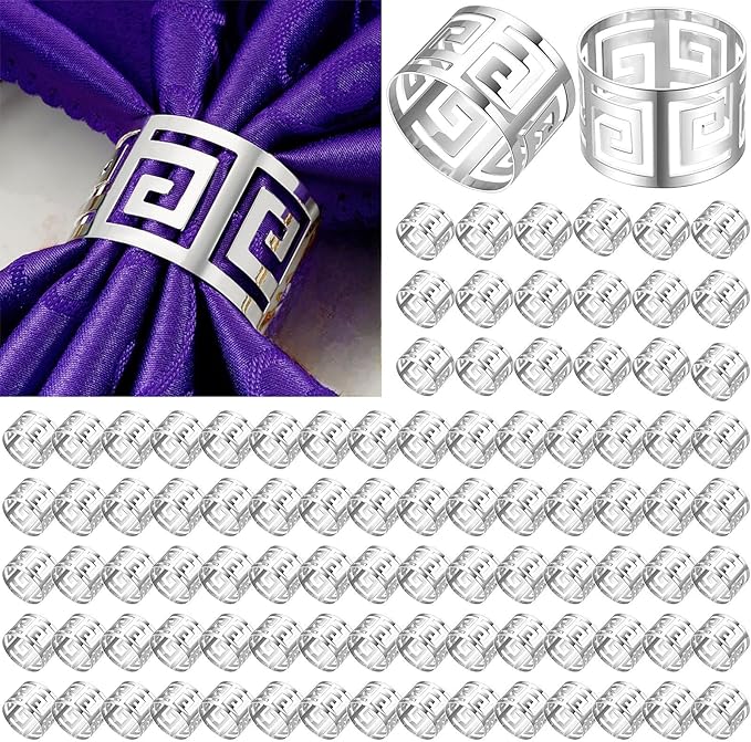 Hotop 48 Pcs Silver Napkin Rings Set Hollow Out Metal Napkin Holder Exquisite Serviette Buckle Bulk for Wedding Party Gathering Dinner Table Decoration