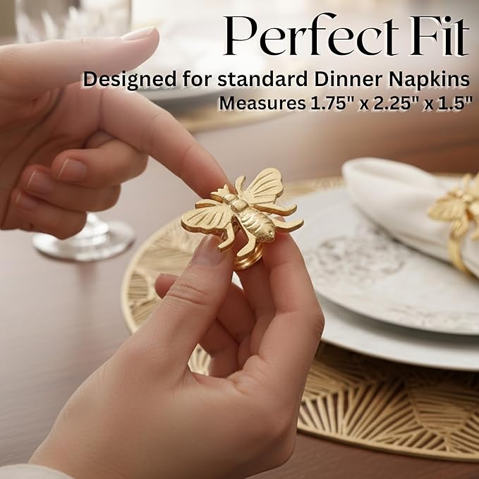 ALPHA Living HOME Decorative Bee Napkin Rings - 12 Pcs Elegant Metal Napkin Ring Modern Cloth Napkin Holders for Table Kitchen Dinner Decor Party Wedding Everyday Use (Gold)