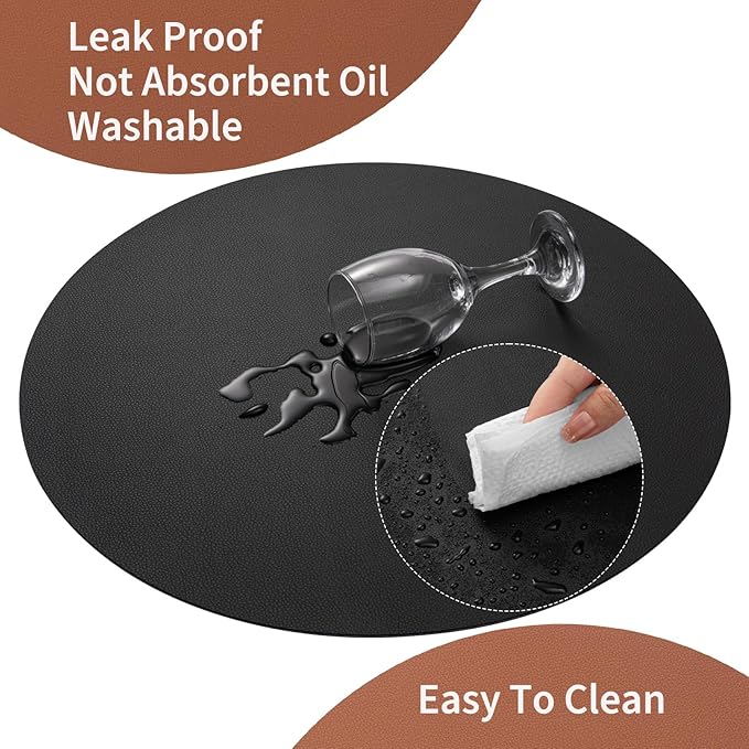 Myir JUN Round Placemats Set of 4 Faux Leather Place Mats and Coasters 15 inch Round Table Mats Dual Sided Non-Slip Stain Resistant Placemats (Black & Brown, Set of 4)