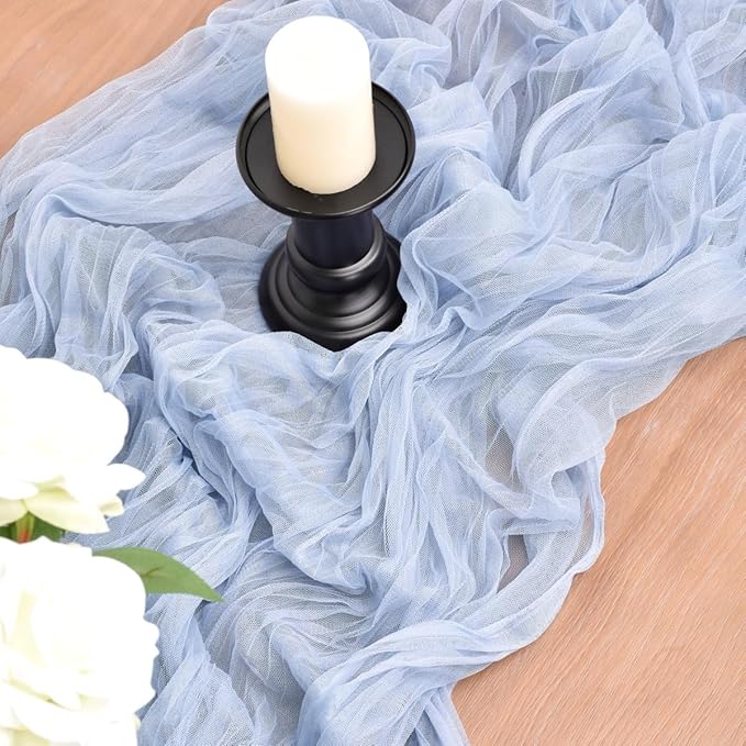 Joanlody Blue Cheesecloth Table Runner Spring Easter 10Ft Rustic Gauze Boho Cheese Cloth Table Runner for Wedding Bridal Baby Shower Decoration 10 Pack