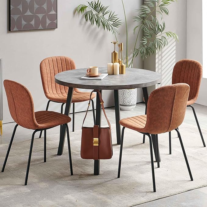 Round Dining Table Set for 4 with PU Leather Chairs - Modern Kitchen Table and Chairs Set for Small Spaces - Brown