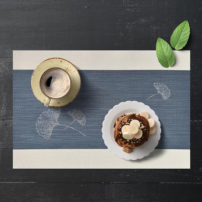 Placemats Set of 6 for Dining Table Mats Washable Easy to Clean PVC Placemat (Ginkgo Navy)