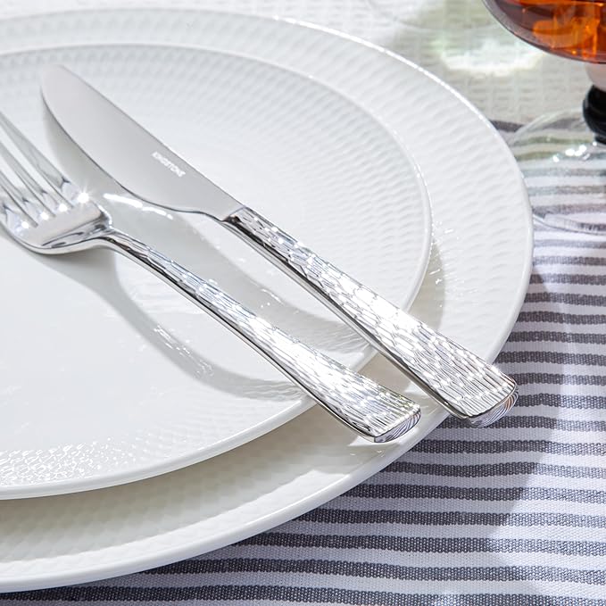 KINGSTONE Hammered Silverware Set, 30-Piece Flatware Set, 18/10 Stainless Steel Premium Cutlery with Unique Ripple Handles Design Mirror Polished - Dishwasher Safe