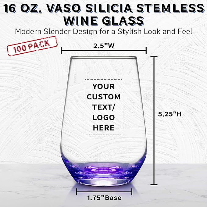DISCOUNT PROMOS 100 Vaso Silicia Stemless Wine Glasses Set, 16 oz. - Personalized Text, Logo - Clear, Orb-Like, Thick base - Purple