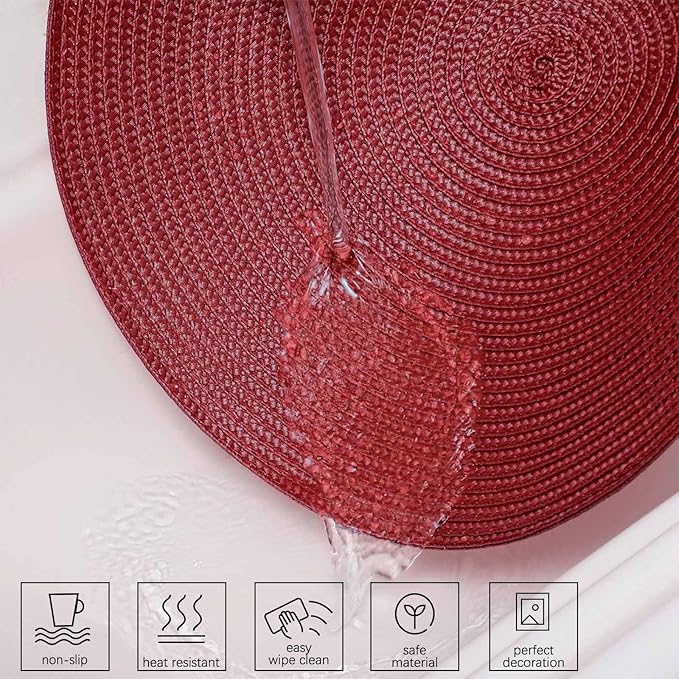 AHHFSMEI Round Braided Placemats 15 Inch Round Table Mats for Dining Tables Natural Woven Heat Resistant Place mats Set of 4 (Burgendy Red,4)