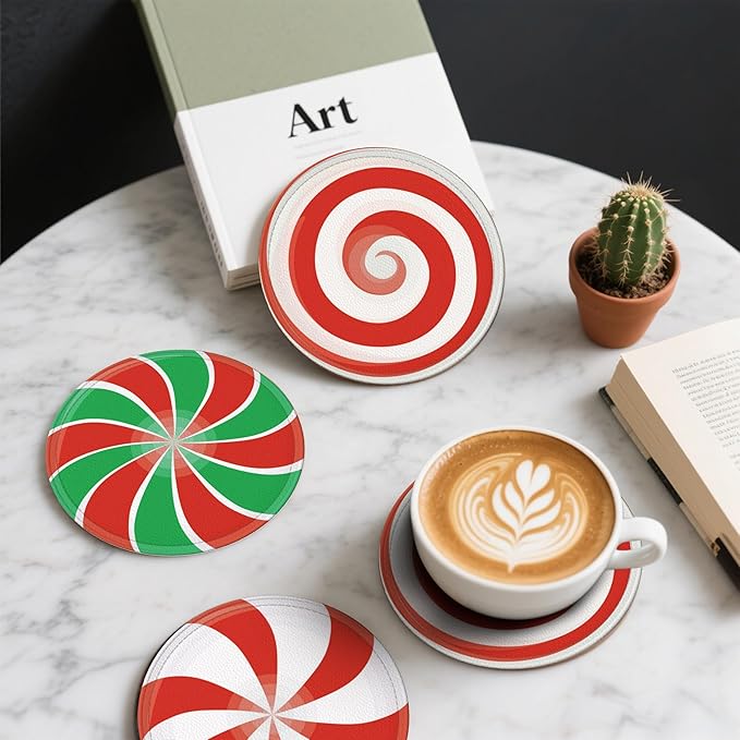 Christmas Candy Coasters Leather Round Drink Coasters 6 Pcs Set with Holderor for Cup Drink Coffee Table Bar Home Decor