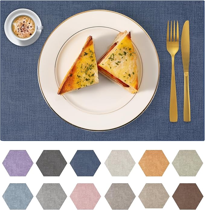 Faux Leather Placemats Set of 6 Washable PU Table mats for Kitchen Table - Heat Resistant, Waterproof, Easy Clean, Anti Slip 11.8" x 17" (Dark Blue-6 Pack)