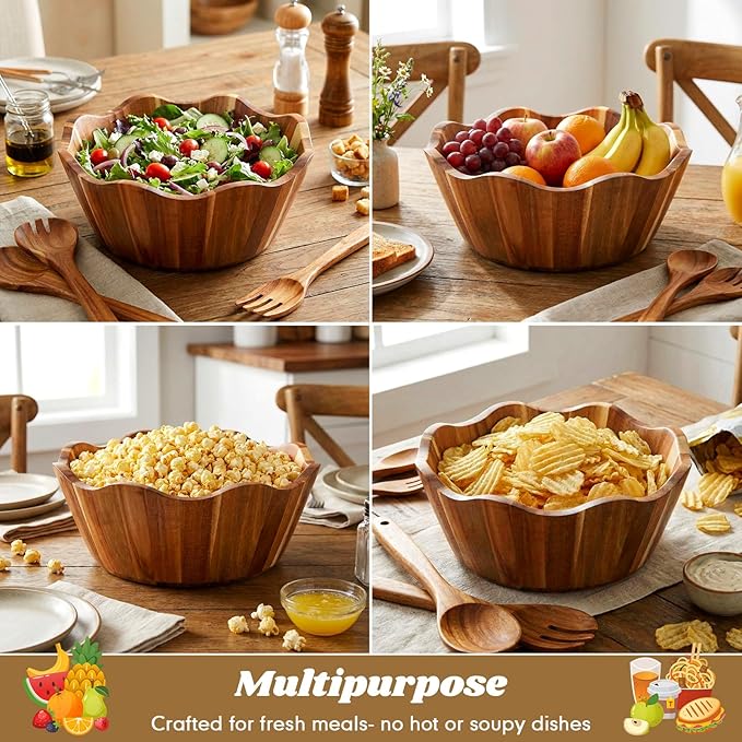 2 Pcs Scalloped Decorative Wooden Bowl 12 Inch Acacia Wood Fruit & Salad Serving Bowl Handcrafted Farmhouse Kitchen Serveware for Fruit, Pasta, Snacks and Home Decor