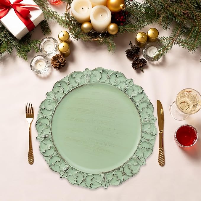 Green Charger Plates Set of 6, Decorative Table Plastic Chargers for Dinner Plates, Party, Wedding, Thanksgiving, Christmas, FD2GR