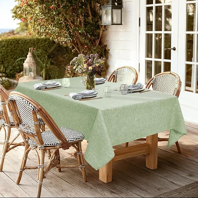 JIUZHEN Rectangle Table Cloth Faux Linen Farmhouse Tablecloth Wrinkle and Stain Resistant Decorative Fabric Table Cover for Kitchen, Dining Room, Parties and Camping, Sage Green, 52 x 70 Inch