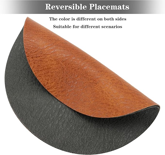 Round Placemats and Coasters Set of 4, Washable Reversible Faux Leather Placemats Cowhide Pattern Place Mats Wipeable Non-Slip 15 inch Round Kitchen Dining Table Mats (Gray Brown, 4)