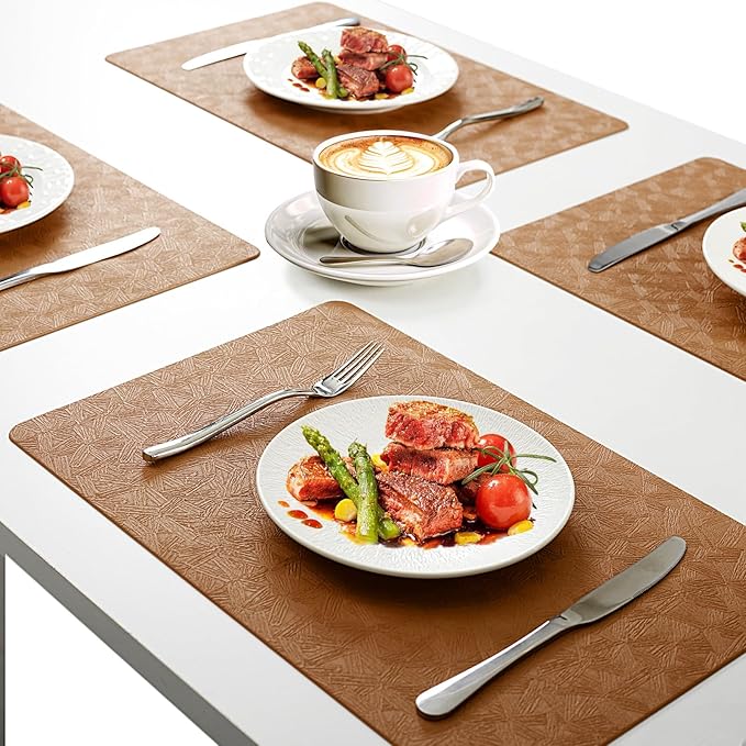 Vinyl Placemats Set of 12 Faux Leather 100% Waterproof Wipeable Washable Place Mats Heat Resistant Easy Clean Non-Slip Table Mats for Indoor Outdoor. (12, Brown)