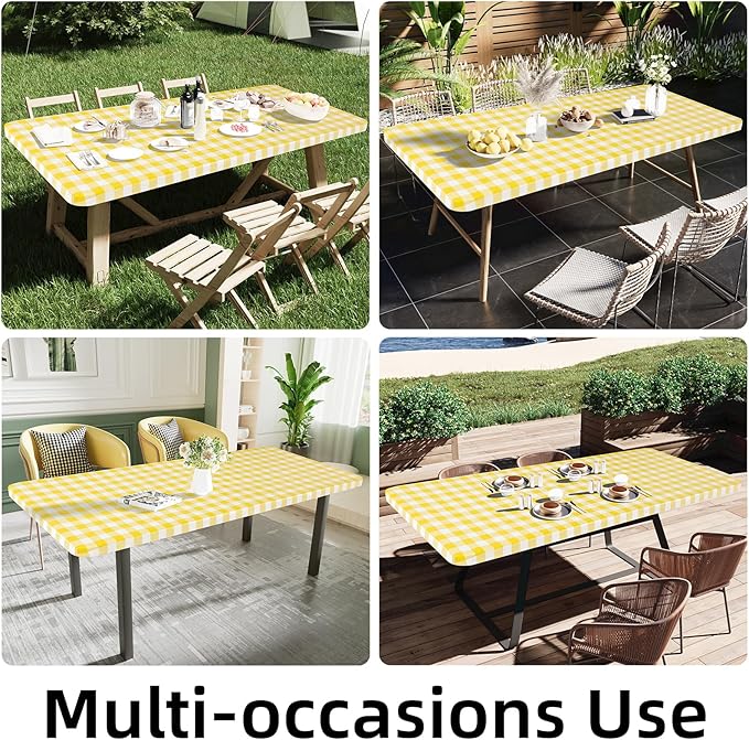Smiry Rectangle Picnic Table Cloth, Elastic Waterproof Fitted Vinyl Tablecloths, Flannel Backed Buffalo Plaid Table Covers for Dining, Camping, Outdoor (White and Yellow, 36" x 60")