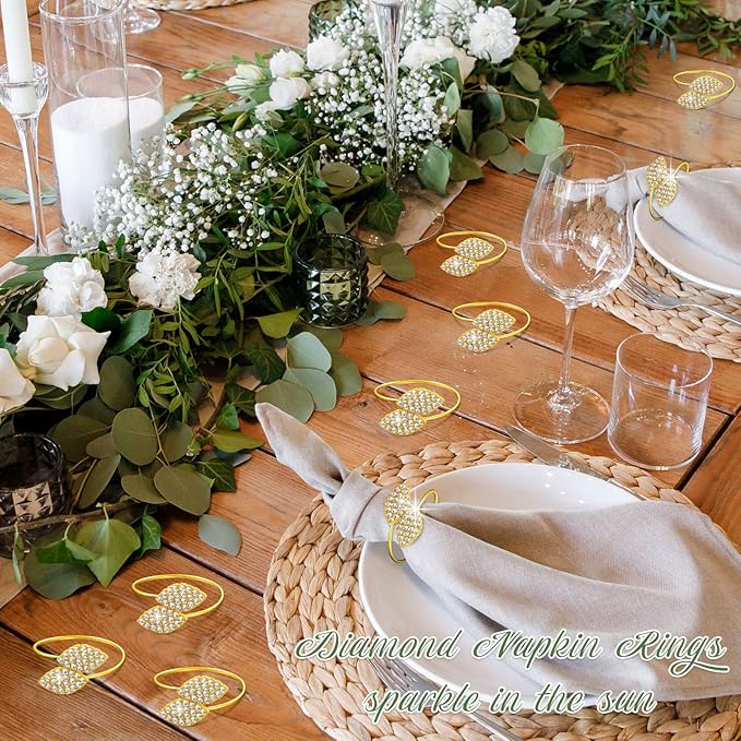 Hotop 72 Pcs Valentine's Day Napkin Rings Gold Table Decorations, Elegant Bling Leaves Napkin Rings, Rhinestone Guest Towels Buckle for Holiday Gather Party, Wedding Dinner Banquet Table Decoration