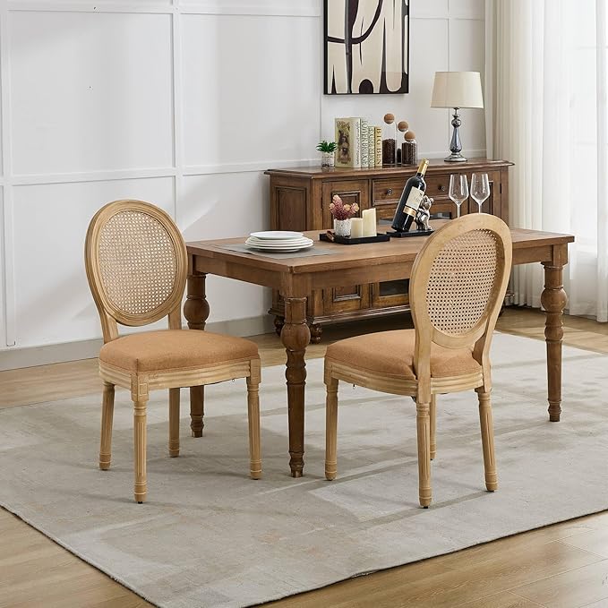 Vintage French Rattan Dining Chairs Set of 8, Round Back Accent Chairs with Rattan Backrest and Upholstered Linen Seat, Solid Wood Frame Sillas de Comedor for Dining Room & Kitchen, Camel