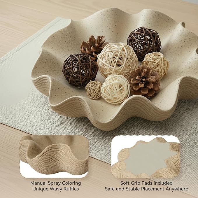 Scalloped Decorative Bowl Home Decor - 12.6" Modern Handicraft Large Shell Ruffle Decorative Fruit Bowl for Kitchen Counter, Chic Key Tray for Entryway Table, Artificial Stone Beige