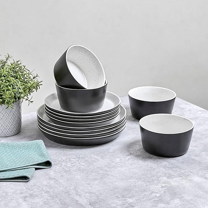 Sango 12-Piece Stoneware Dinnerware Set for 4, Modern White & Black Plates and Bowls Sets with Speckled Glaze, Durable Kitchen Ceramic Dish Set, Microwave & Dishwasher Safe Everyday Dishes, Stockholm