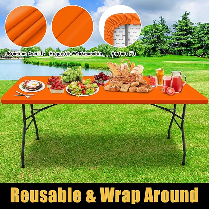 Smiry Rectangle Picnic Table Cloth, Waterproof Elastic Fitted Tablecloths for 6 Foot Tables, Washable Polyester Table Cover for Camping, Indoor and Outdoor (Orange, 30"x72")