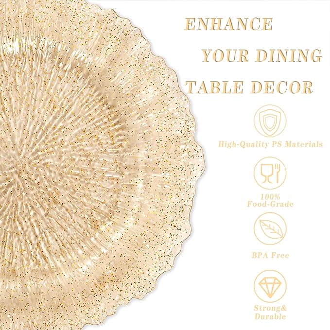 U-QE 60PCS Gold Plates for Party - Gold Plastic Plate Disposable&Reusable - Gold Glitter Heavy Duty Plastic Plates for Party&Wedding Including 30 Dinner 10" & 30 Dessert Plate 7"