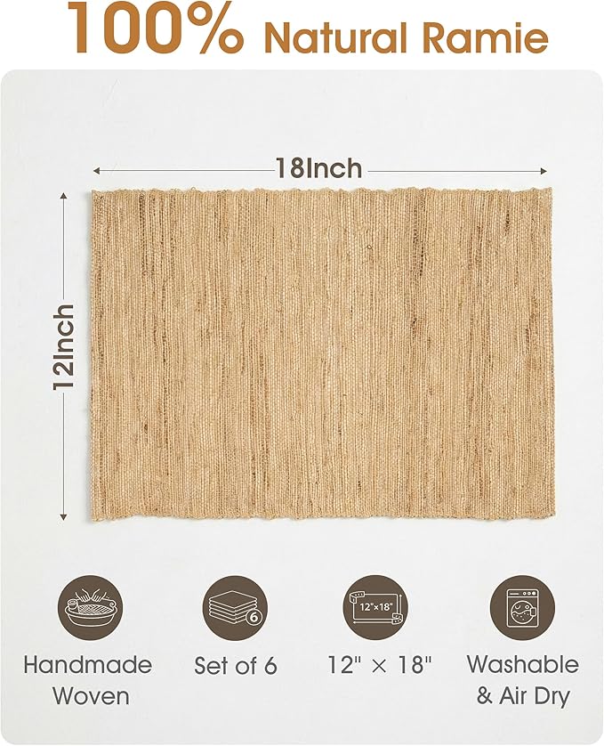 Handmade Ramie Placemats Set of 6, 12"x18" Eco-Friendly Natural Woven Table Mats for Dining Table, Heat-Resistant & Washable Natural Fiber Placemats for Kitchen, Farmhouse, Boho & Home Decor