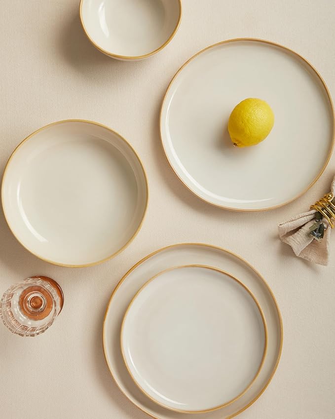 Plates and Bowls Sets for Family of 6, Ceramic Dinnerware Sets, Kitchen Dish Set, Microwave & Dishwasher Safe Dishware, Highly Durable Reactive Glazed Dinner Set, Yellow White