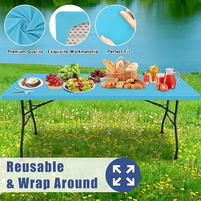 Spandex 6 Foot Rectangle Table Cloth 2 Pack, Elastic Fitted Tablecloths for Picnic, Stretch Washable Patio Table Cover for Outdoor, Camping, Banquet and Parties (Blue Mist, 30"x72")