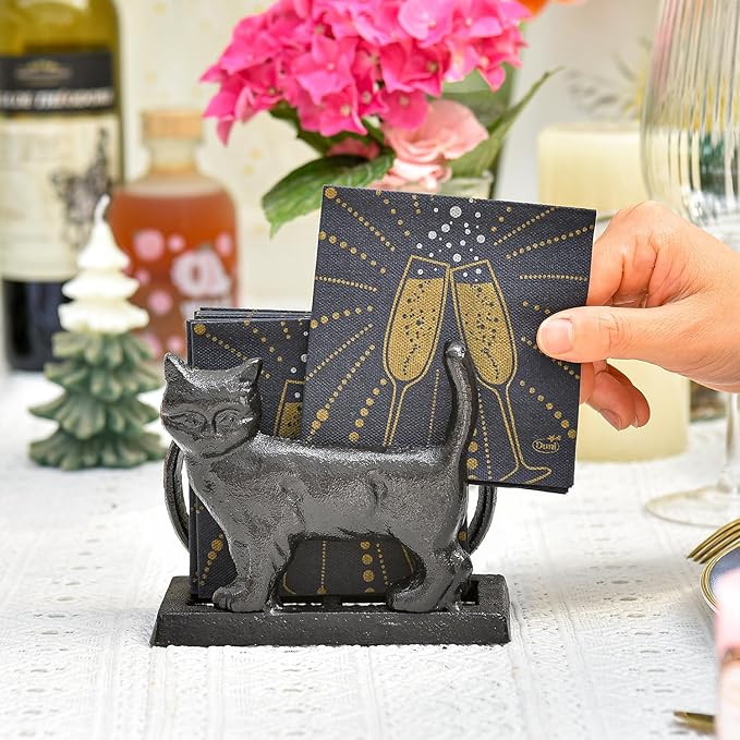 Sungmor Vintage Cast Iron Napkin Holder, Rustic Farmhouse Napkins Holder, Freestanding Table Napkins Stand, Lovely Cat Statue Decor Paper Napkin Rack, Home Restaurant Dining Table Square Napkin Holder
