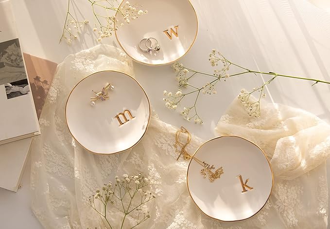 COLLECTIVE HOME - Ceramic Jewelry Tray, Decorative Trinket Dish for Rings Earrings Necklaces Bracelet Watch Keys, Birthday Mother's Day Christmas Gift for Women, 4.75", White Surface (B)