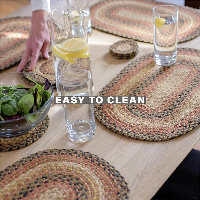 Homespice Russet Jute Braided Oval Placemats, Warm Country Decor, Set of 6, 13x19 Multicolor Table Mats - Vibrant Colors, Durable, Easy to Clean and Protects Furniture