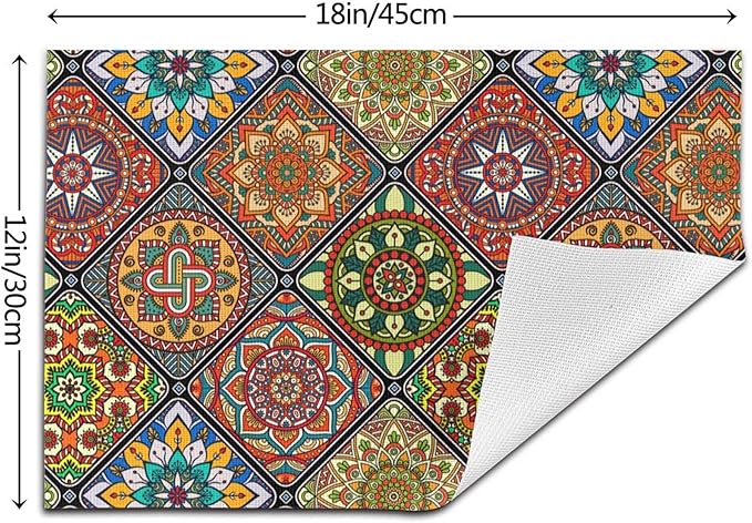 Mandala Colorful Placemats Set of 4 Linen 12"x18" Retro Place Mats Washable Heat-Resistant Boho Kitchen Table Mats for Dining Outdoor Home Decor