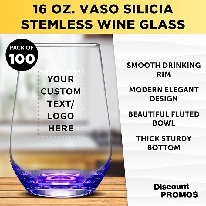 DISCOUNT PROMOS 100 Vaso Silicia Stemless Wine Glasses Set, 16 oz. - Personalized Text, Logo - Clear, Orb-Like, Thick base - Purple