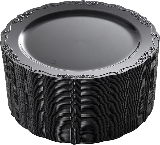DaYammi 60PCS Black Plastic Plates, Heavy Duty Black Disposable Plates Premium 7.5 inch Dessert Cake Salad Appetizer Plate Hard Plastic Plate Disposable for Party Wedding