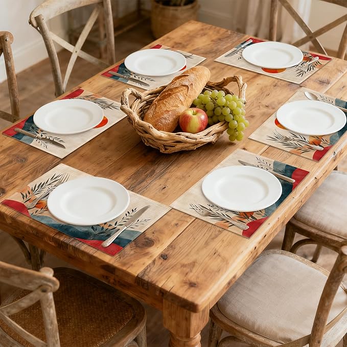 Mid Century Table Placemats Set of 6, Waterproof Linen Fabric, Non-Slip Backing & Easy Clean, Elegant Dining Table Protectors for Family and Guests(Abstract Sun)
