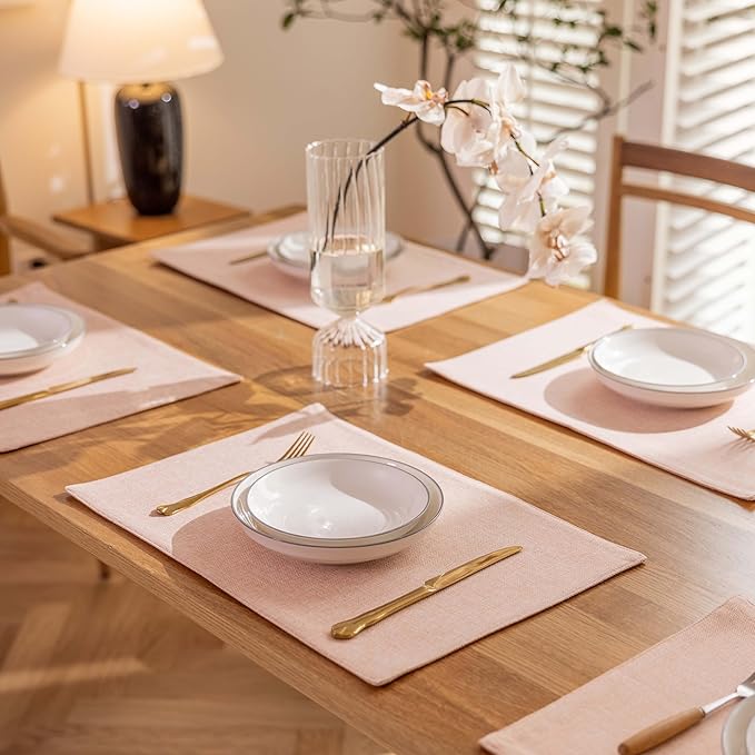 Demetex Pink Placemats Set of 4 Heat Resistant Linen Plate Mats Valentine Cloth Place Mats for Dining Tables Restaurants, 13 x 19 inches, Pink